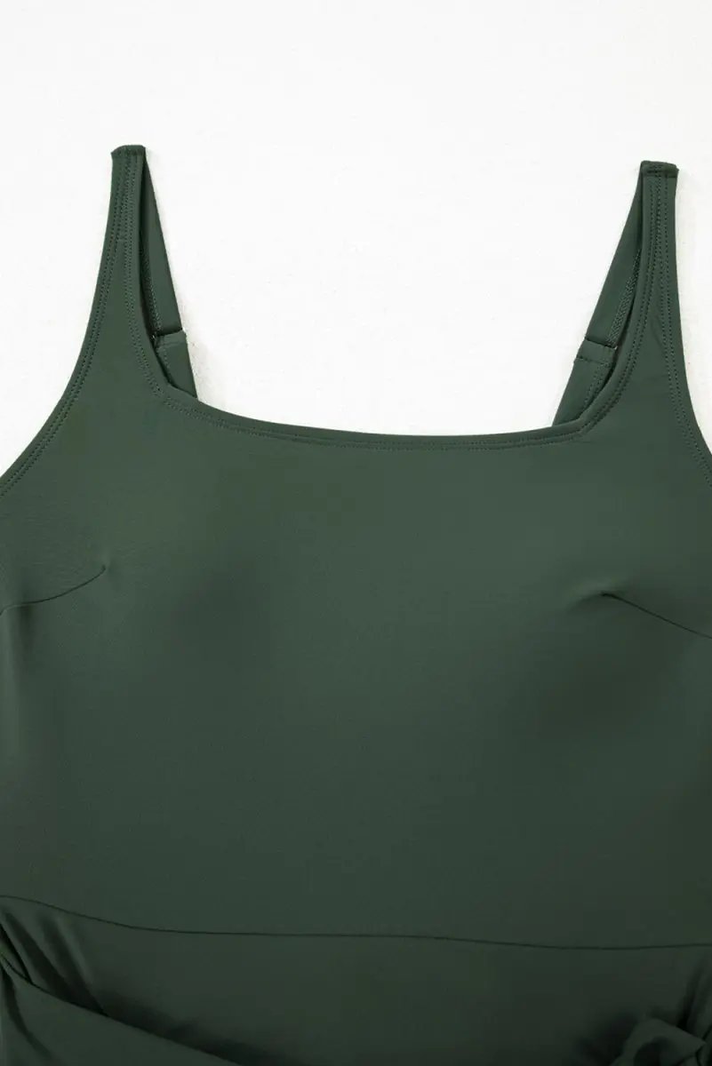 Mist Green Side Tied Waist Square Neck Adjustable Straps A-line One Piece Swim Dress - Love Salve